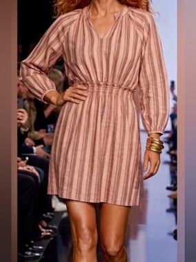 Longchamp Striped Blouson Sleeve Mini Dress in Pink, Tan, and Cream: Size 6 (38)